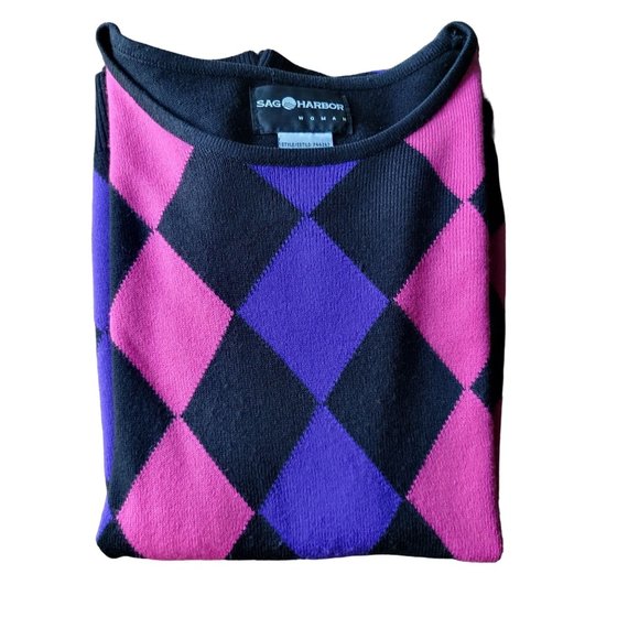 Sag Harbor Womans Black Pink Purple Harlequin Graphic Pullover Short Sleeve Shir - Picture 12 of 12